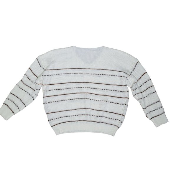 Vintage Cream & Brown Striped Knit Sweater metalic gold stripes size Medium - Picture 3 of 8